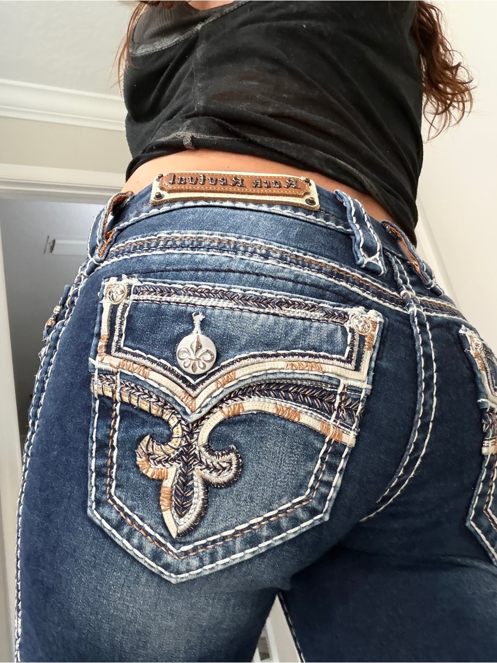 Women’s Rock Revival Skinny Jeans 25 Yui  Low Rise Dark Blue Embroidered y2k